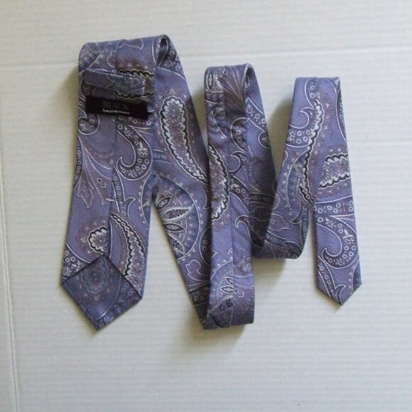 Black Saks Fifth Avenue tie necktie purple silver white silk and viscose paisley - Picture 3 of 10